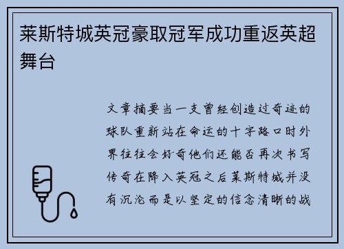 莱斯特城英冠豪取冠军成功重返英超舞台