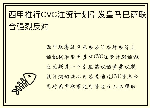 西甲推行CVC注资计划引发皇马巴萨联合强烈反对
